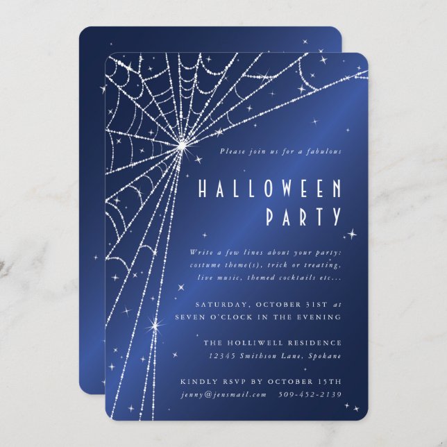 Invitation Midnight Blue Sparkling Spider Web Halloween Party (Devant / Derrière)