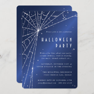 Invitation Midnight Blue Sparkling Spider Web Halloween Party