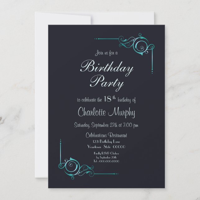 Invitation Midnight Blue & Turquoise 18e anniversaire fête (Devant)