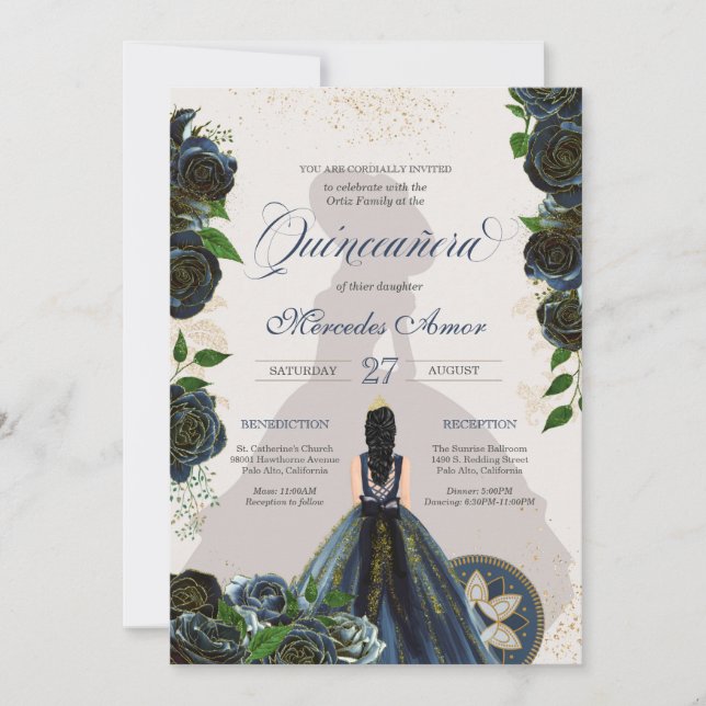 Invitation Midnight Navy Roses Bleus Fancy Charro Quinceanera (Devant)