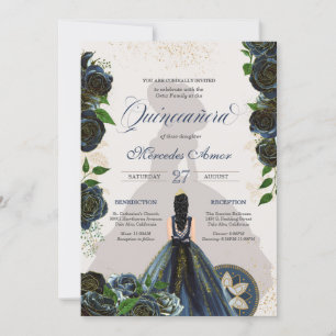 Invitation Midnight Navy Roses Bleus Fancy Charro Quinceanera