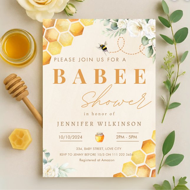 Invitation Miel Bee Baby shower Floral Babee (Honey Bee Baby Shower Floral Babee Invitation)