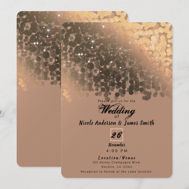 Invitation Miel Beige Champagne Golden Sparkle Mariage (Devant / Derrière)