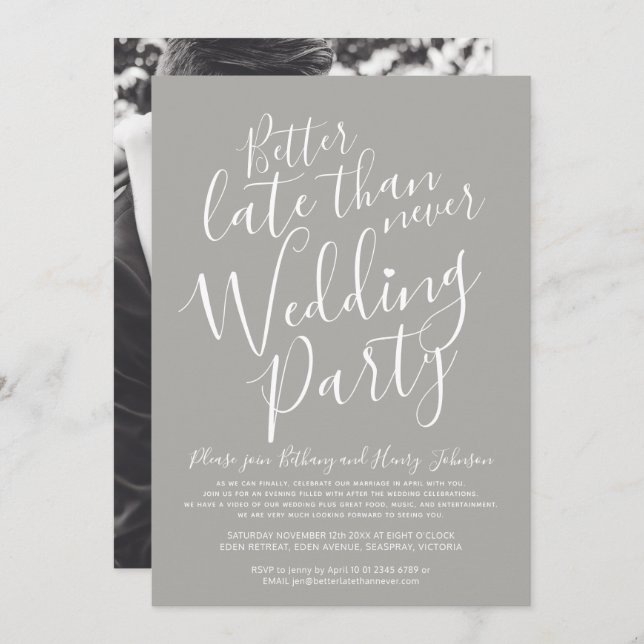 Invitation Mieux tard que jamais mariage gris fête (Devant / Derrière)
