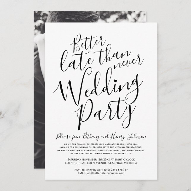 Invitation Mieux vaut tard que jamais la fête de mariage mono (Devant / Derrière)