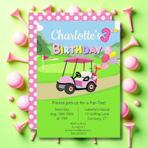 Invitation Mignon 3ème anniversaire Polka Dot Rose Girl Golf