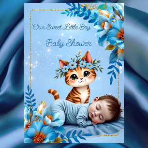 Invitation Mignon bébé garçon bleu petite chaton shower