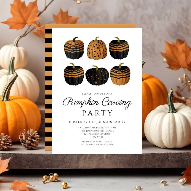 Invitation Mignon Citrouille Noire Orange Gravure Halloween (Cute Orange Black Pumpkin Carving Halloween Invitation)