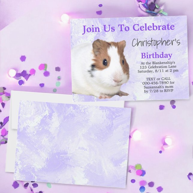 Invitation Mignon Cochon d'Inde Brun Blanc Fête Violette Pers (party invitation front and back)