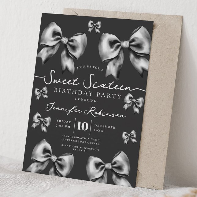 Invitation Mignon Coquette Arc-en-ciel Douce 16e Anniversaire (Cute Girly Coquette Bow Sweet 16 Birthday Black Invitation)