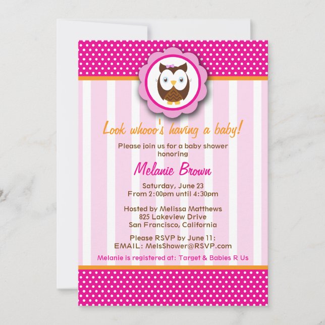 Invitation mignon de baby shower de hibou [rose] (Devant)