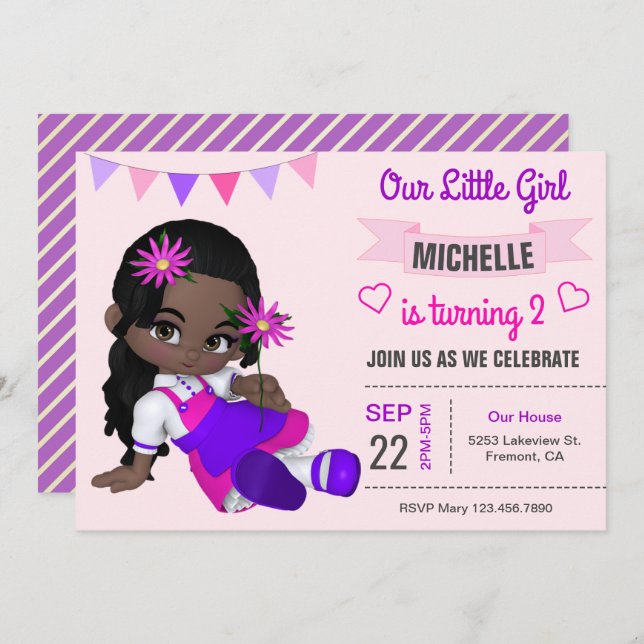 Invitation mignon de fête d'anniversaire de fille (Devant / Derrière)