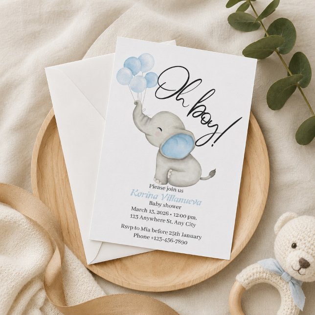 Invitation Mignon éléphant bébé aquarelle "Oh garçon!" (Créateur téléchargé)