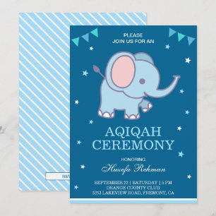 Invitation Mignon Éléphant Bleu Bébé Garçon Aqiqah