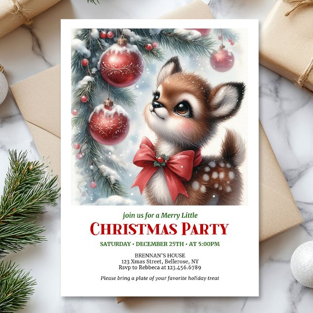 Invitation Mignon faon aquarelle forêt enneigée hiver serein  (Cute watercolor fawn snowy forest serene winter scene Christmas invite

)