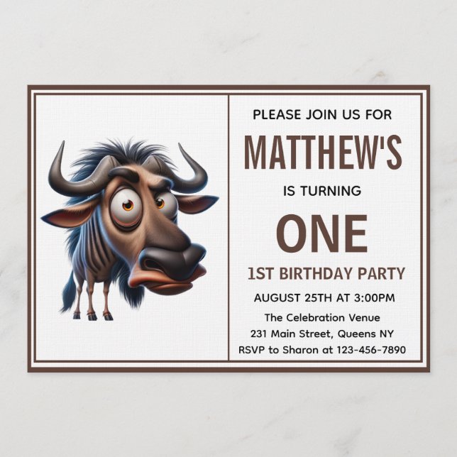 Invitation Mignon gnous fou =Thème 1er anniversaire photo (Devant)
