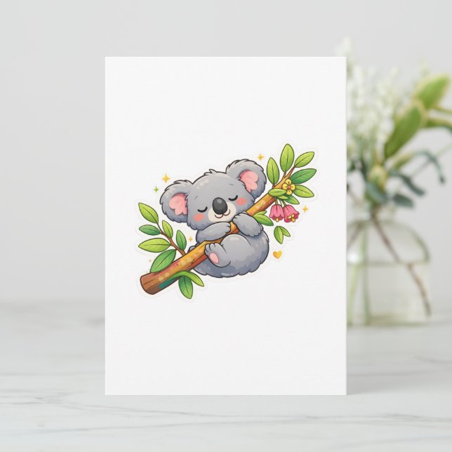 Invitation Mignon Koala Endormi sur une Branche d'Eucalyptus  (Debout devant)