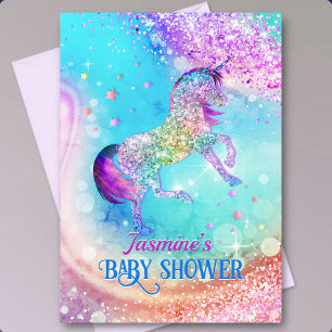 Invitation Mignon licorne rose aqua paillettes baby shower