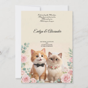 Invitation Mignon Mariage de Chat 3D en Crème pour la Mariée