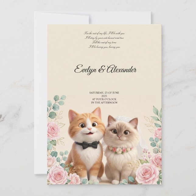 Invitation Mignon Mariage de Chat 3D en Crème pour la Mariée  (Devant)