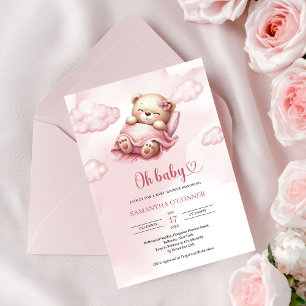 Invitation Mignon ours en peluche endormi dans un ciel rose a