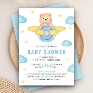 Invitation Mignon Ours en Peluche Garçon Avion Bleu Baby Show