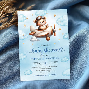 Invitation Mignon ours en peluche pilote Bleu Marron Baby Sho
