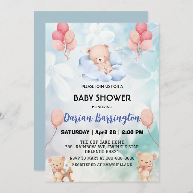 Invitation mignon ours ours fleurs floral ciel baby shower pa (Devant / Derrière)