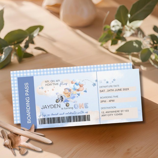 Invitation Mignon ours pilote en bleu pastel marron dans un a (Créateur téléchargé)