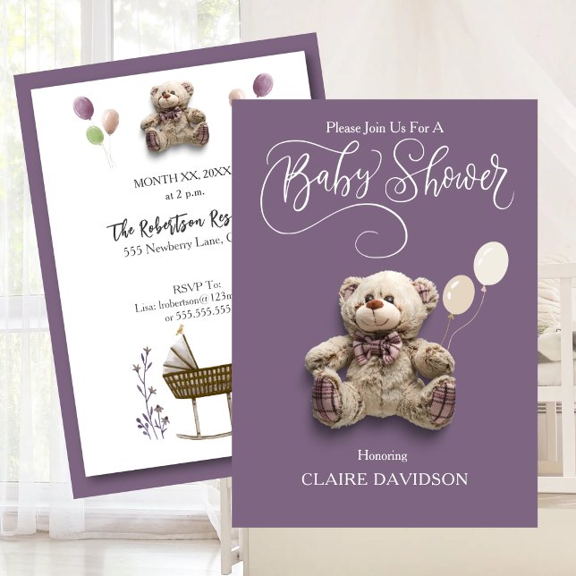 Invitation Mignon Ourson avec Ballons Violet Blanc  (Cute Baby Bear with Balloons Purple White Invitation)
