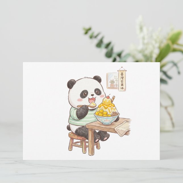 Invitation Mignon panda mangeant de la glace râpée de mangue  (Debout devant)