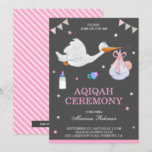Invitation Mignon petit cigogne rose bébé fille Aqiqah