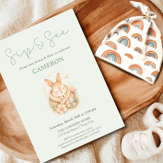 Invitation Mignon petit lapin vert sauge Sip and See (Créateur téléchargé)