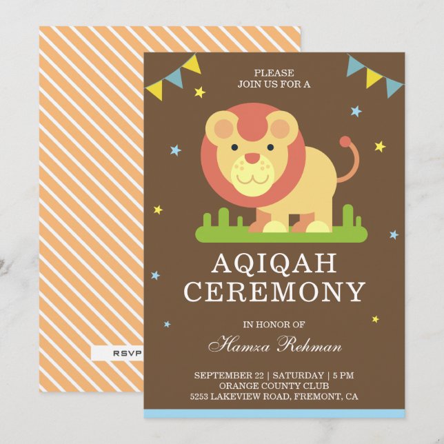 Invitation Mignon petit lion Aqiqah (Devant / Derrière)