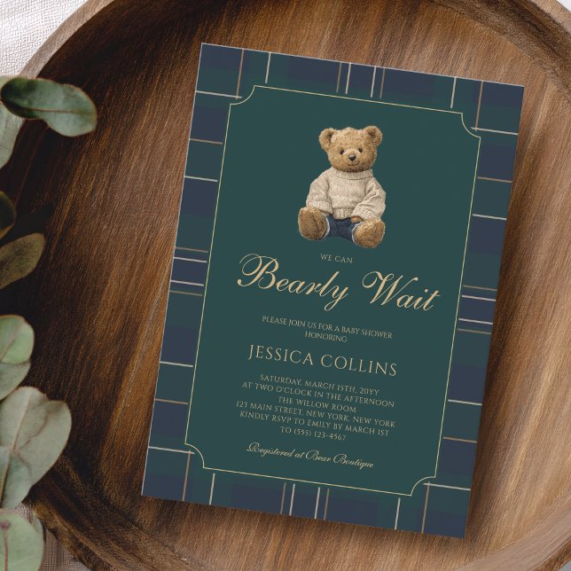 Invitation Mignon petit ourson bleu vert nous pouvons à peine (Cute Cub Blue Green We Can Bearly Wait Baby Shower Invitation)