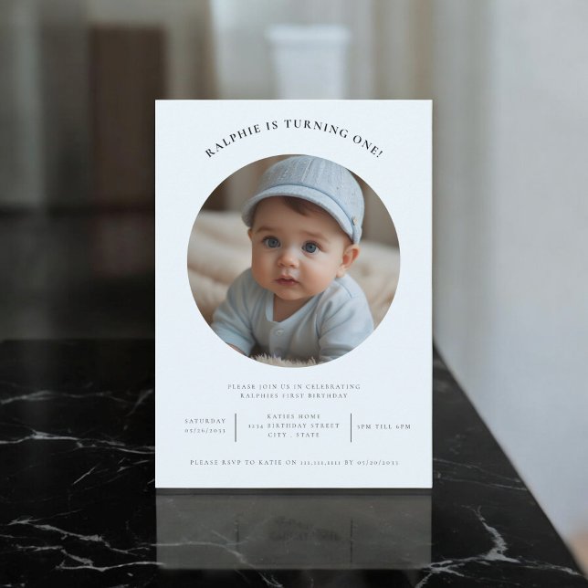 Invitation mignon photo minimale premier anniversaire pâle bl (modern simple elegant minimal,kids birthday invitation,)