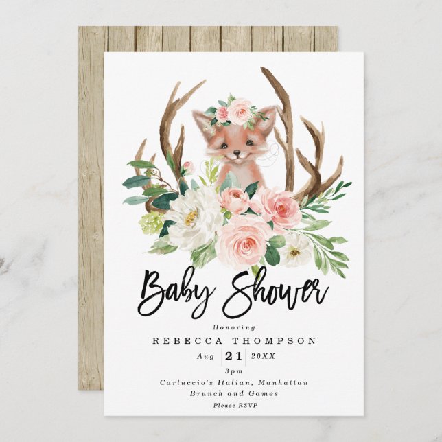 Invitation mignon renard boho baby shower moderne fleuri (Devant / Derrière)
