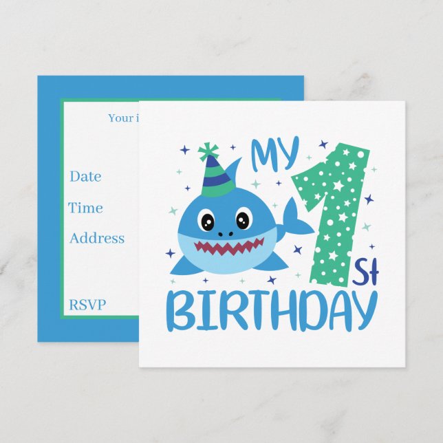 Invitation mignon requin-bébé unisexe Premier anniversaire (Devant / Derrière)