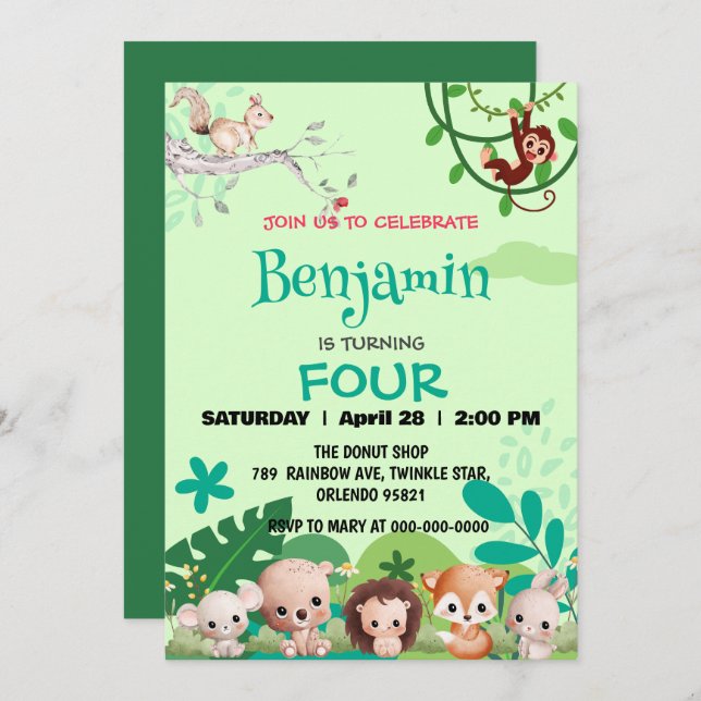 Invitation mignon safari zoo animaux jungle Anniversaire (Devant / Derrière)