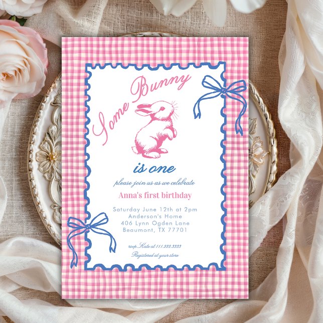 Invitation Mignon Some Bunny a un an noeud Gingham 1er Annive (Créateur téléchargé)