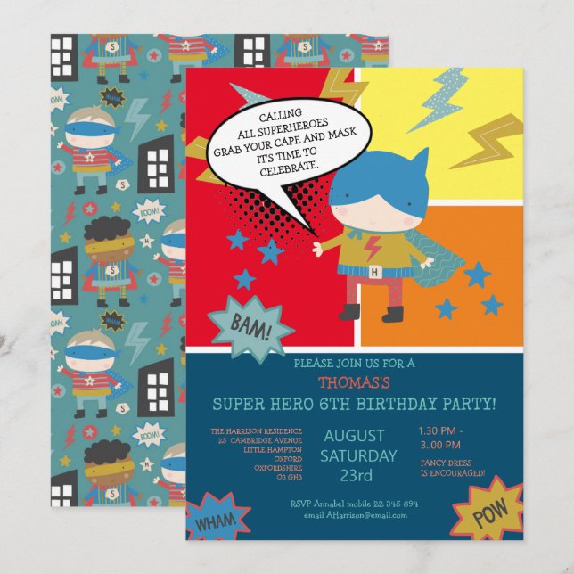 Invitation Mignon thème de bande dessinée de super-héros pour (Devant / Derrière)