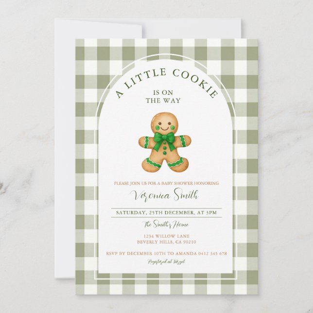 Invitation Mignon Un petit Cookie baby shower vert gingham (Devant)