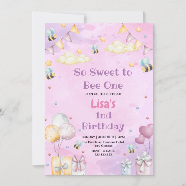 Invitation Mignonne 1er Anniversaire Honey Sweet Bee Purpule (Devant)