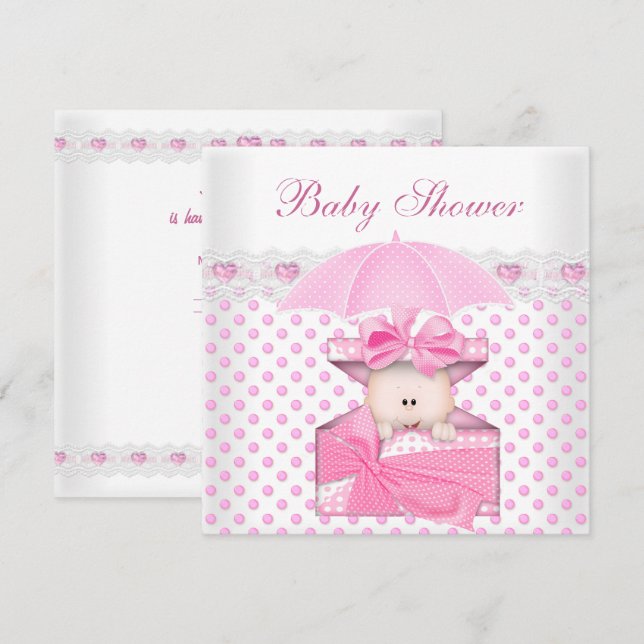 Invitation Mignonne Baby shower fille Bébé blanc rose poka po (Devant / Derrière)