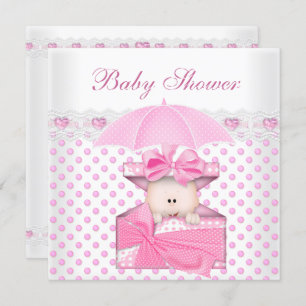 Invitation Mignonne Baby shower fille Bébé blanc rose poka po