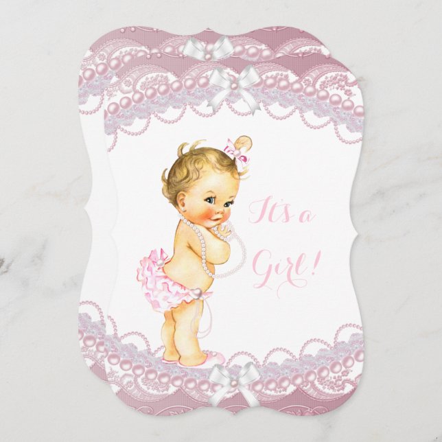 Invitation Mignonne Baby shower fille perles roses dentelle B (Devant / Derrière)