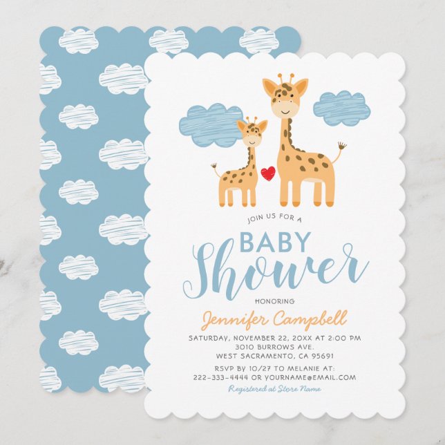 Invitation Mignonne Baby Shower girafe mère et enfant (Devant / Derrière)