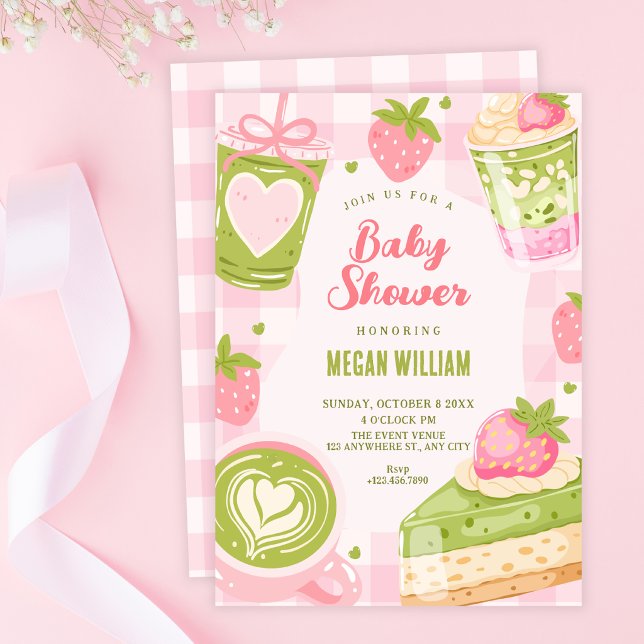 Invitation Mignonne baby shower matcha fraise sucrée (Créateur téléchargé)