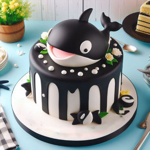 INVITATION MIGNONNE BALEINE NOIRE & BLANCHE SUR UN GATEAU D'A