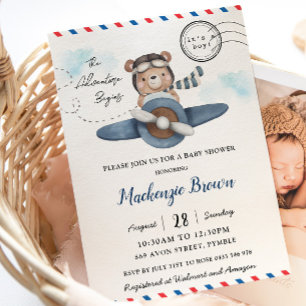 Invitation Mignonne Bear Plane Aventure Commence Baby shower